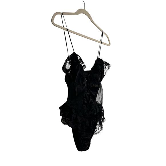 Vintage Black Sheer Lace Body Suit Womens Sz XS Whimsigoth Dark Romance Ruffles - Picture 3 of 16